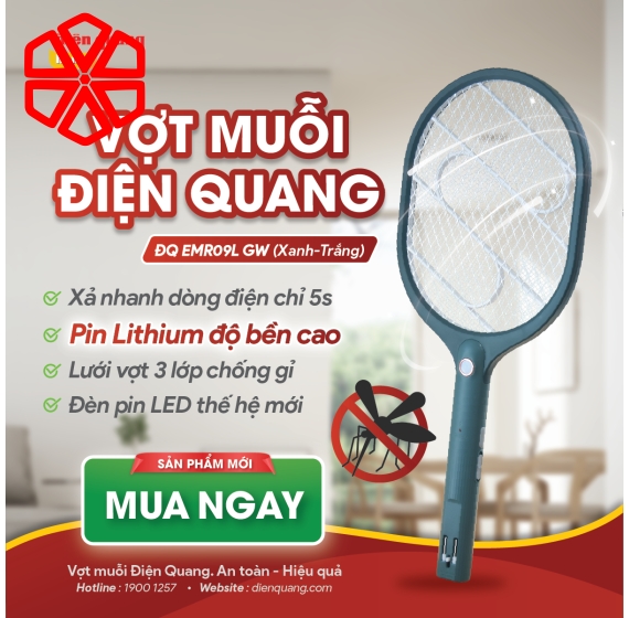 Vợt muỗi Điện Quang ĐQ EMR09 GW (PinLithium, Xanh – Trắng)